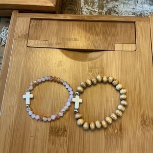 Beaded Cross Stretch Bracelets - Wood & Iridescent